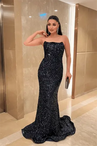 Payet Kumaş Pelerin Detaylı Abiye Elbise - LACİVERT - BÜYÜKBEDENIZ (1)