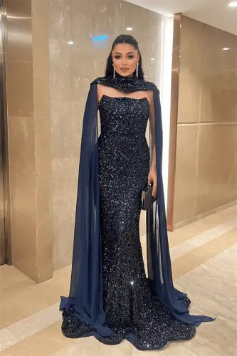 Payet Kumaş Pelerin Detaylı Abiye Elbise - LACİVERT - 1