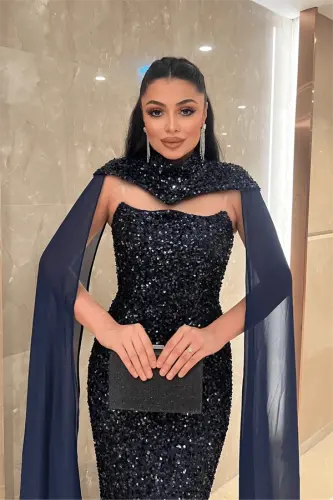 Payet Kumaş Pelerin Detaylı Abiye Elbise - LACİVERT - 3