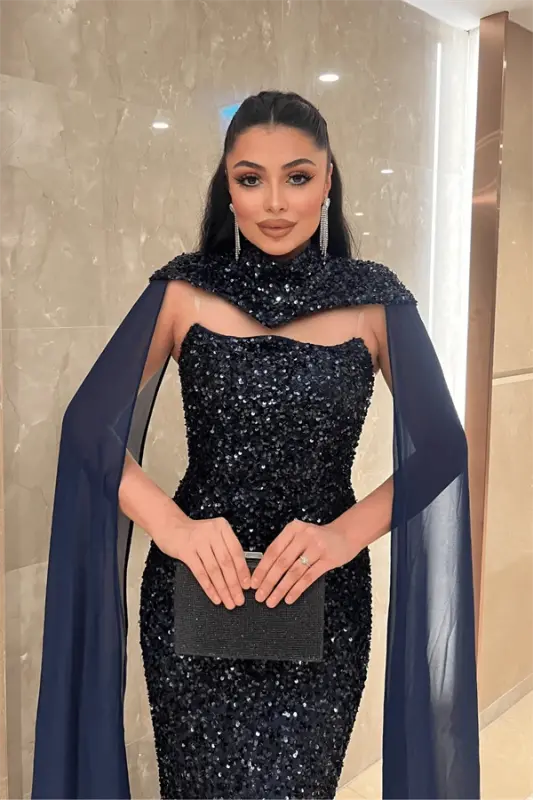 Payet Kumaş Pelerin Detaylı Abiye Elbise - LACİVERT - 3