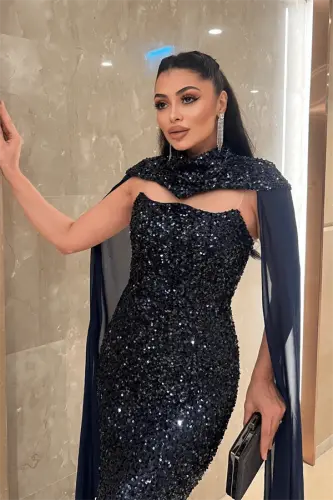 Payet Kumaş Pelerin Detaylı Abiye Elbise - LACİVERT - 4