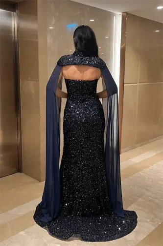 Payet Kumaş Pelerin Detaylı Abiye Elbise - LACİVERT - 5