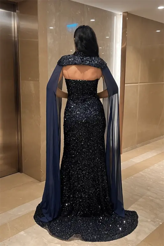 Payet Kumaş Pelerin Detaylı Abiye Elbise - LACİVERT - 5