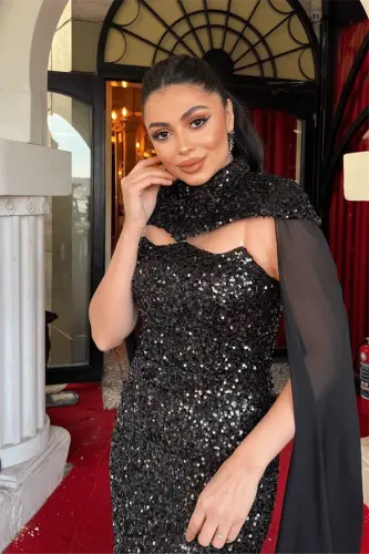 Payet Kumaş Pelerin Detaylı Abiye Elbise - SİYAH - 3