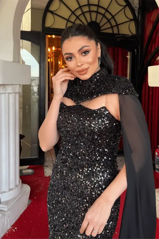 Payet Kumaş Pelerin Detaylı Abiye Elbise - SİYAH - 3