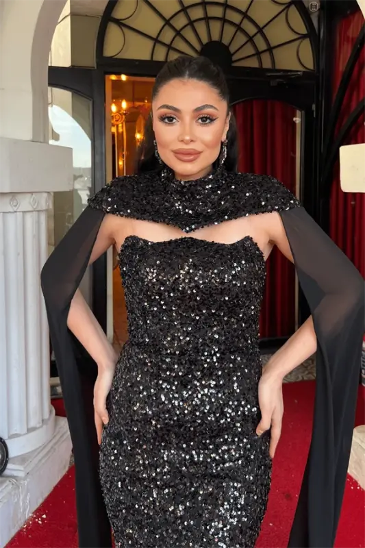 Payet Kumaş Pelerin Detaylı Abiye Elbise - SİYAH - 4