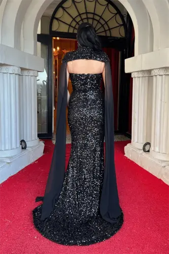 Payet Kumaş Pelerin Detaylı Abiye Elbise - SİYAH - 5