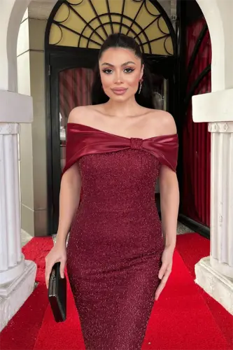 Payet Kumaş Saten Kayık Yaka Kalem Elbise - BORDO - 3