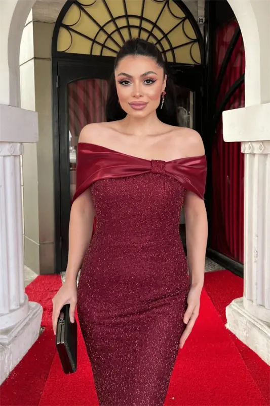 Payet Kumaş Saten Kayık Yaka Kalem Elbise - BORDO - 3