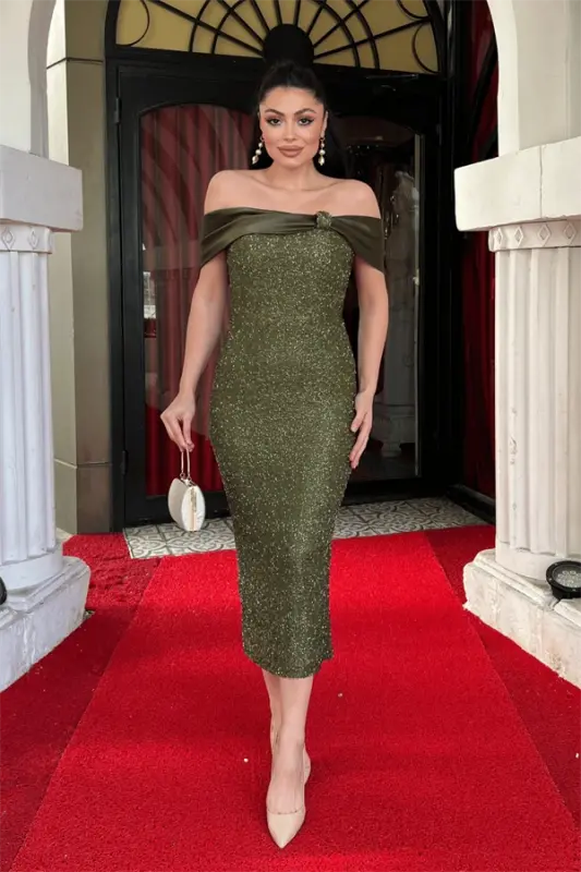 Payet Kumaş Saten Kayık Yaka Kalem Elbise - HAKİ YEŞİLİ - 1