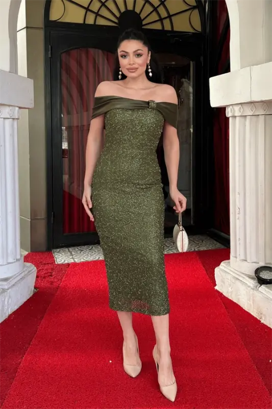 Payet Kumaş Saten Kayık Yaka Kalem Elbise - HAKİ YEŞİLİ - 2