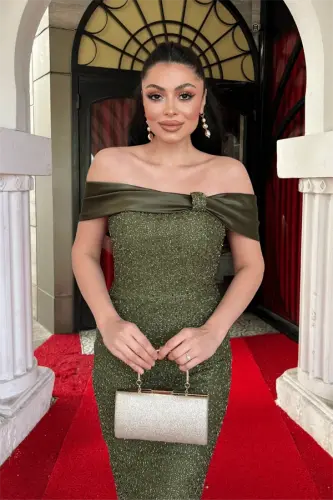 Payet Kumaş Saten Kayık Yaka Kalem Elbise - HAKİ YEŞİLİ - 3