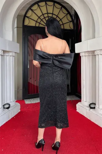 Payet Kumaş Saten Kayık Yaka Kalem Elbise - SİYAH - 5