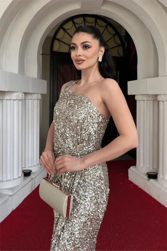 Payet Kumaş Tek Kol Kalem Elbise - GOLD - 8