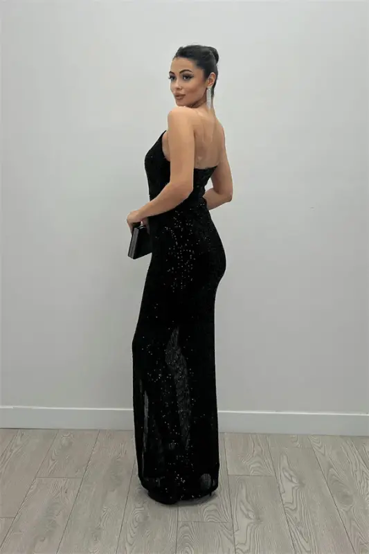 Payet Kumaş Yırtmaçlı Balık Elbise - SİYAH - 5