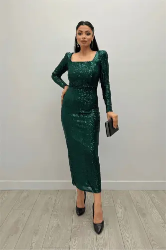 Payet Mato Kvadrat Bo'yinli Qalam Ko'ylak - Zumrad Yashil - BÜYÜKBEDENIZ (1)