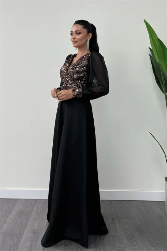 Payet matoli qo'llari tul abiye ko'ylak - GOLD - 4