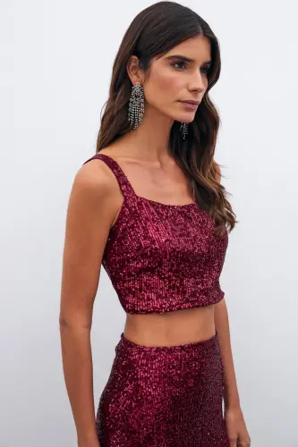 Payetli Crop Bluz - Bordo-BORDO 