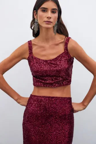 Payetli Crop Bluz - Bordo - BORDO - 3