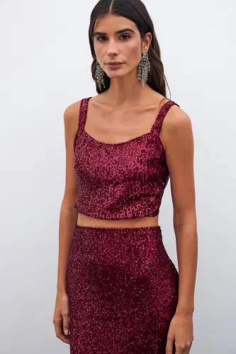 Payetli Crop Bluz - Bordo - BORDO - 4