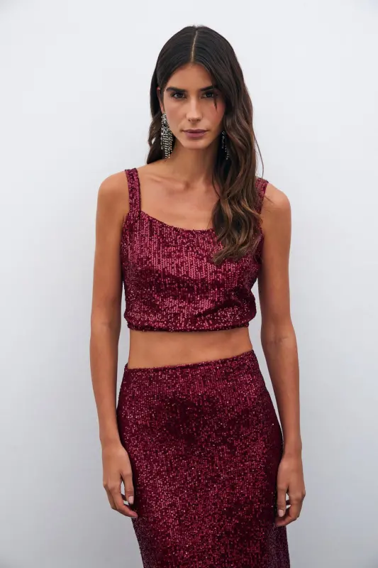 Payetli Crop Bluz - Bordo - BORDO - 5