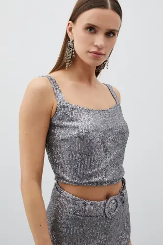 Payetli Crop Bluz - Gümüş - GÜMÜŞ - 1