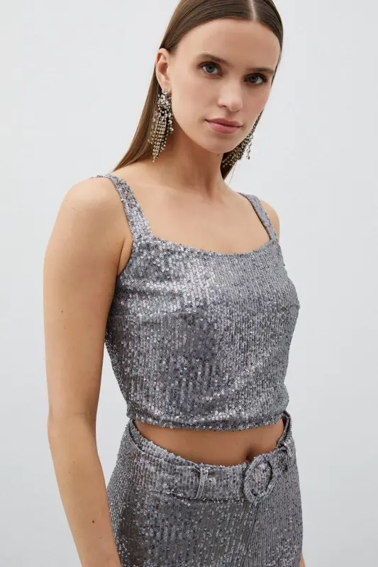 Payetli Crop Bluz - Gümüş - GÜMÜŞ - 1