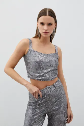 Payetli Crop Bluz - Gümüş - GÜMÜŞ - SATEEN (1)