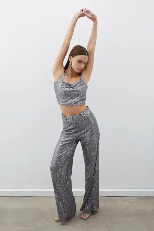 Payetli Crop Bluz - Gümüş - GÜMÜŞ - 6