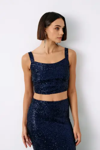 Payetli Crop Bluz - LACİVERT-LACİVERT 