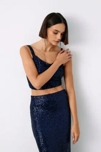 Payetli Crop Bluz - LACİVERT-LACİVERT - SATEEN (1)