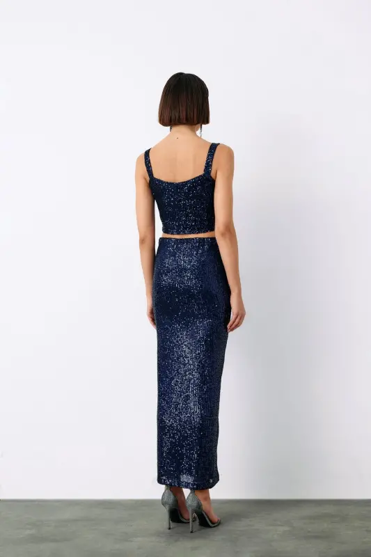 Payetli Crop Bluz - LACİVERT-LACİVERT - 5