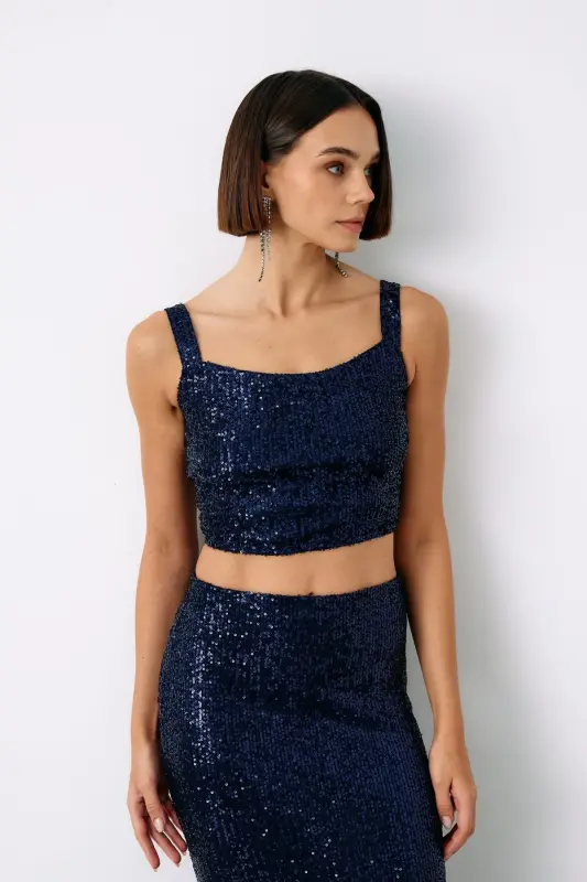 Payetli Crop Bluz - Lacivert - LACİVERT - 1