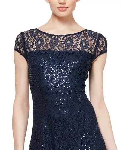 Women's Sequined Lace Midi Dresses - Navy - SL FASHIONS (1)