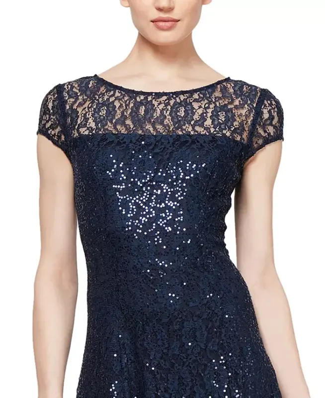 Women's Sequined Lace Midi Dresses - Navy - 2