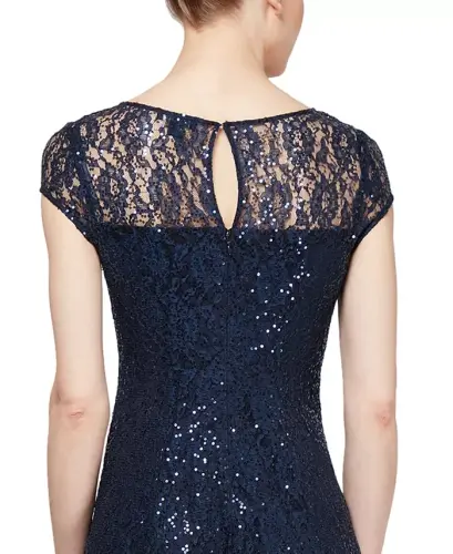Women's Sequined Lace Midi Dresses - Navy - 3
