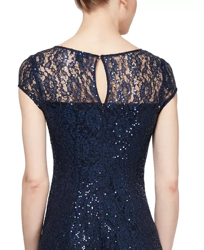 Women's Sequined Lace Midi Dresses - Navy - 3