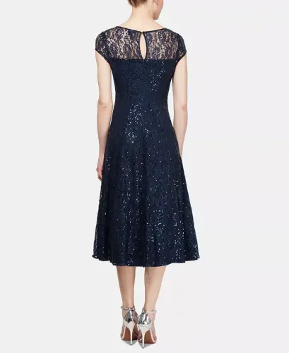 Women's Sequined Lace Midi Dresses - Navy - 4