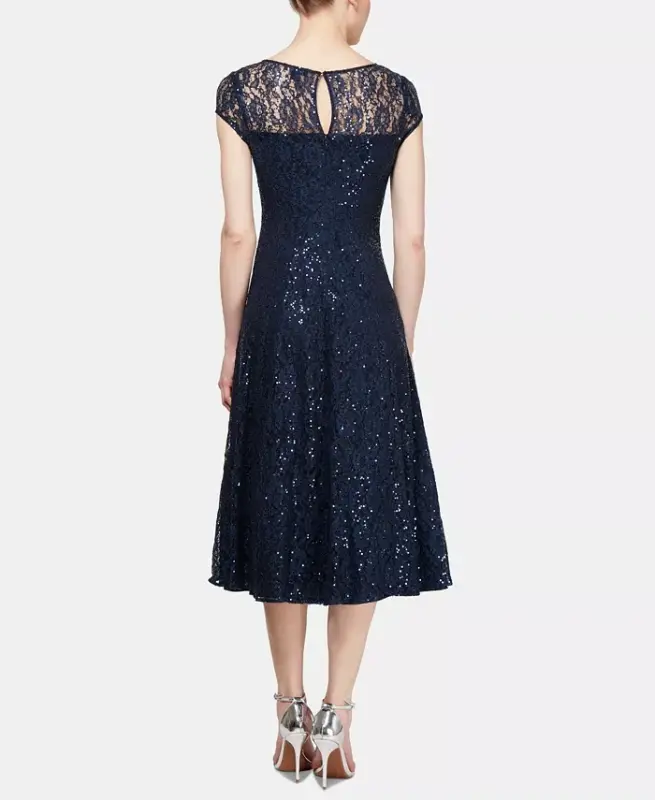 Women's Sequined Lace Midi Dresses - Navy - 4