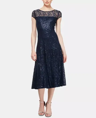 Sequined Lace Midi Dress-Navy 