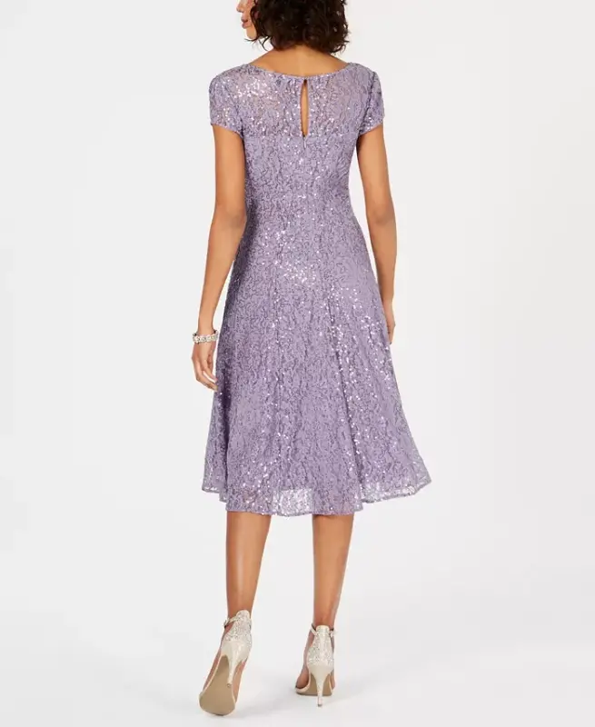 Women's Sequined Lace Midi Dresses - Mystic Heather - 5