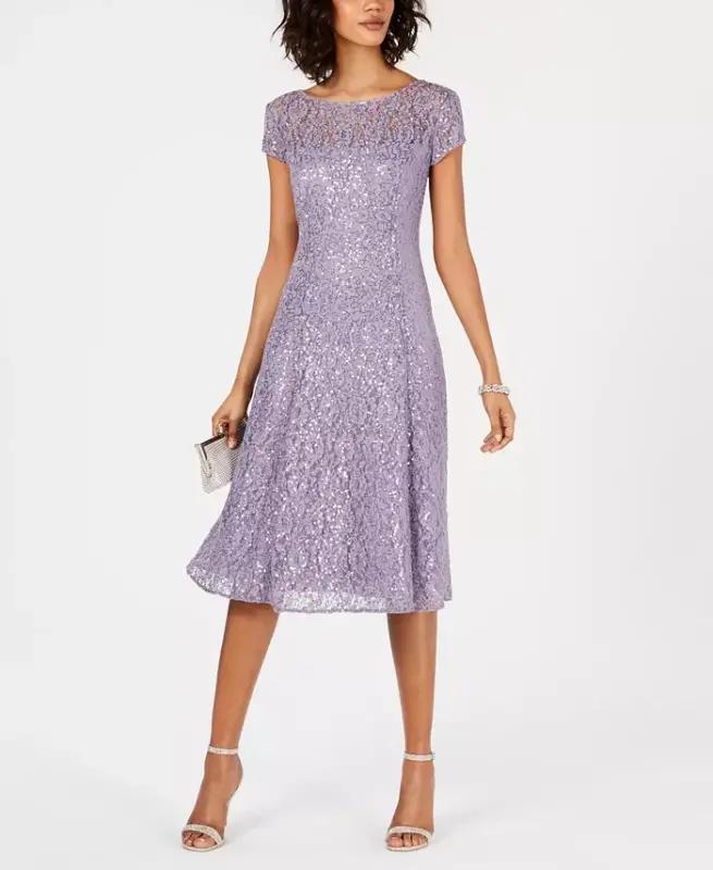 Sequined Lace Midi Dresses-Mystic Heather - SL FASHIONS