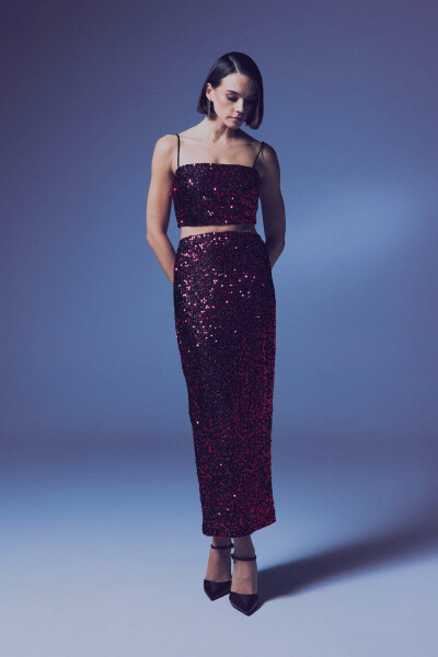 Payetli Kalem Etek - Bordo - 4