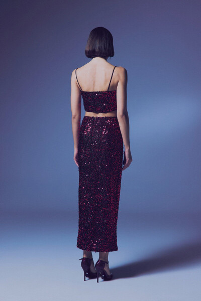 Payetli Kalem Etek - Bordo - 8