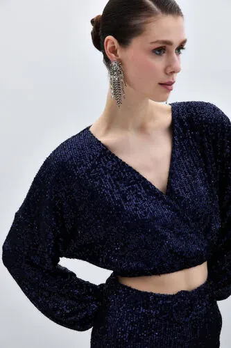 Payetli Kruvaze Bluz - LACİVERT-LACİVERT - SATEEN (1)