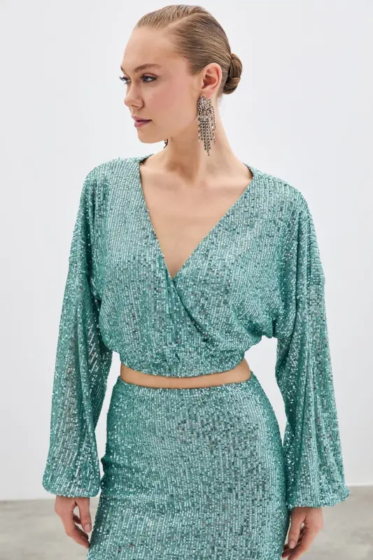 Payetli Kruvaze Bluz - Mint-MİNT - 4