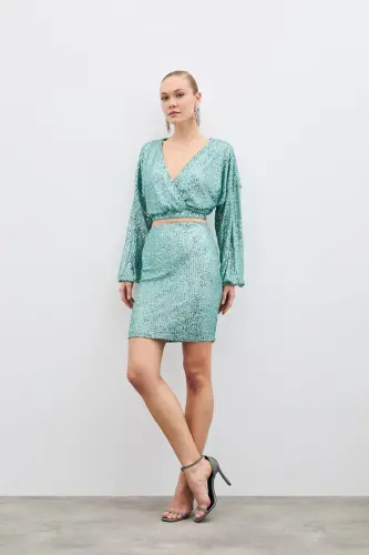 Payetli Kruvaze Bluz - Mint-MİNT - 6