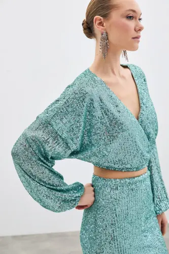 Payetli Kruvaze Bluz - Mint - MİNT - SATEEN (1)