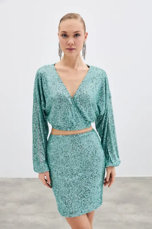 Payetli Kruvaze Bluz - Mint - MİNT - SATEEN