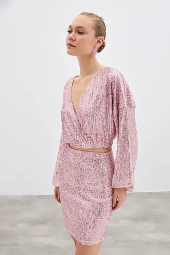 Payetli Kruvaze Bluz - Pudra - PUDRA - SATEEN (1)